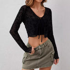Sheer Mesh Lace-Up Long Sleeve Top