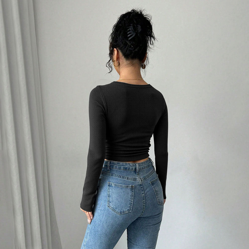 Women's Autumn Sexy Square Collar Off Shoulder Long Sleeve Women Tretch Tight Cropped T Shirt