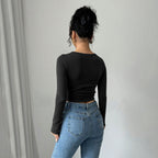 Women's Autumn Sexy Square Collar Off Shoulder Long Sleeve Women Tretch Tight Cropped T Shirt