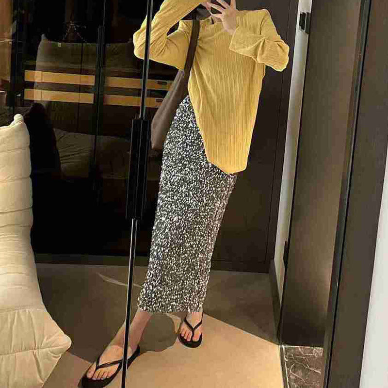 High Waist Sequined Elastic Back Slit Straight Long Skirt