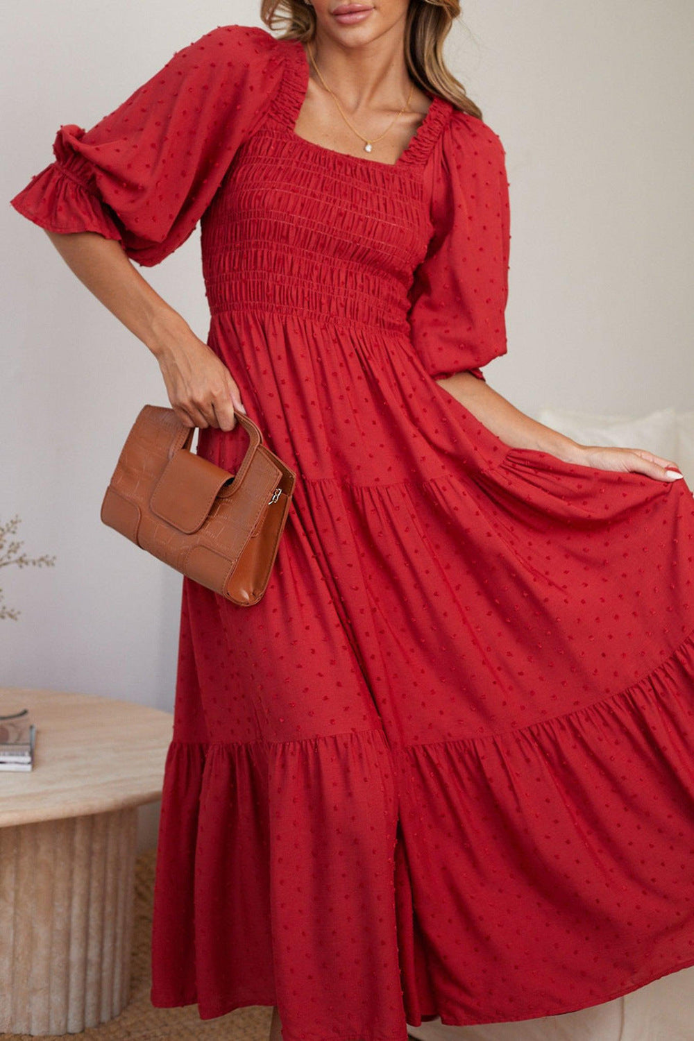 Women's Ruffle-Trim Square-Neck Lantern-Sleeve Maxi Dress