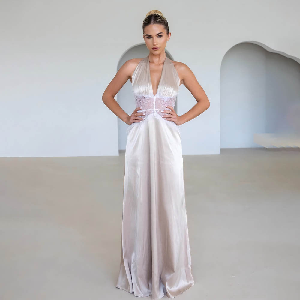 Women's Summer Elegant Deep V Plunge Silky Satin Dress Stitching Halter Waist Tight Sexy Dress