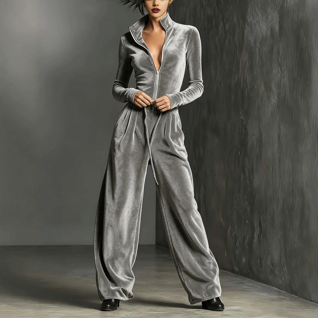 Velvet Long Sleeve Zip Up Jumpsuit