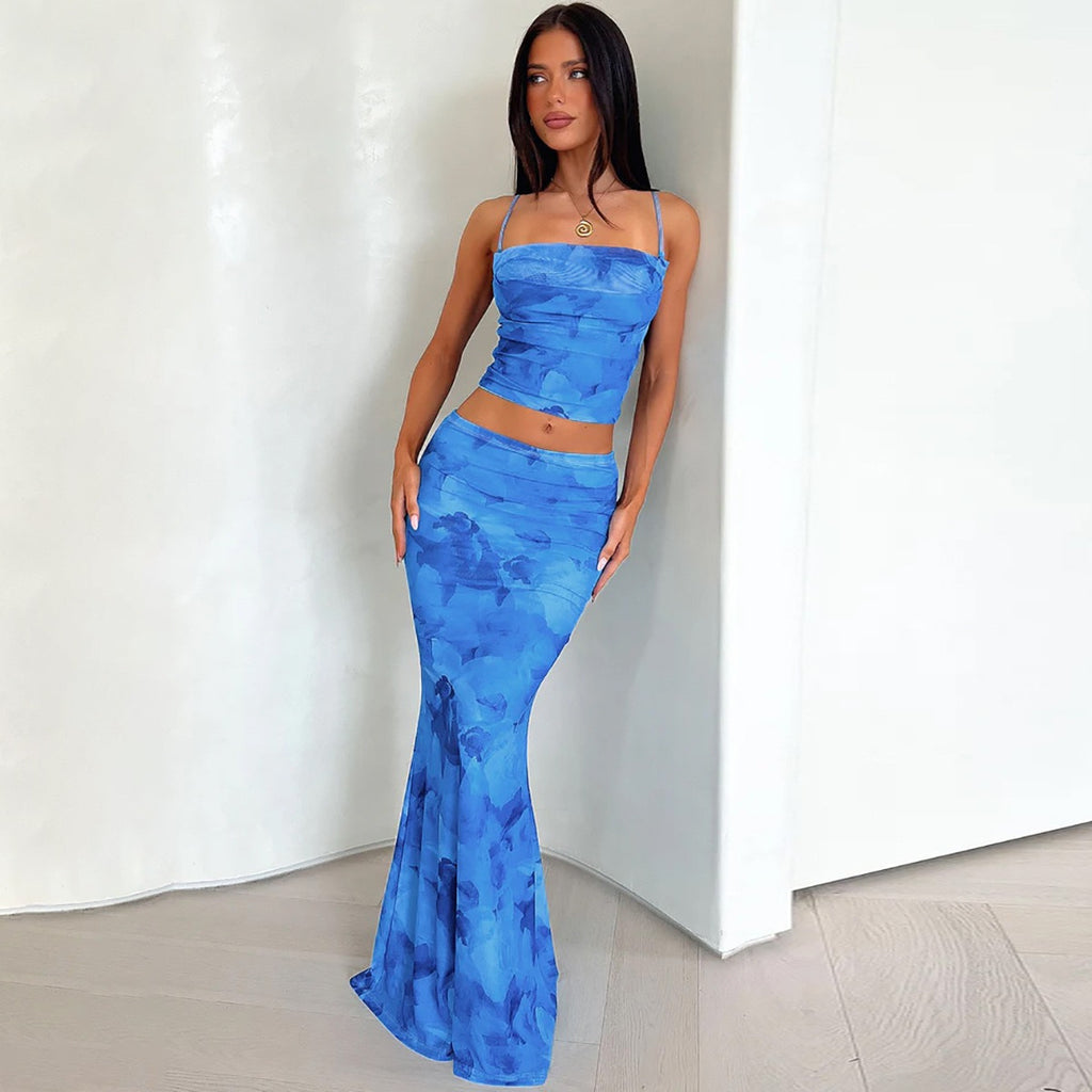 Women Niche Spaghetti Straps Cropped Crop Top Sheath Midi