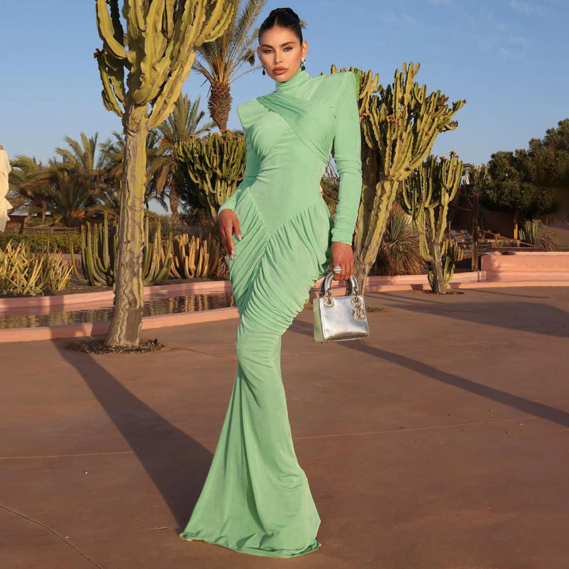 Solid Color Turtleneck Backless Stitching Pleated Dress