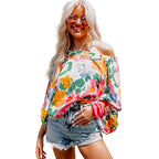 Women's Oblique Shoulder Tops Women Spring Autumn Plant Floral Printed Loose Long Sleeves T-Shirt Women