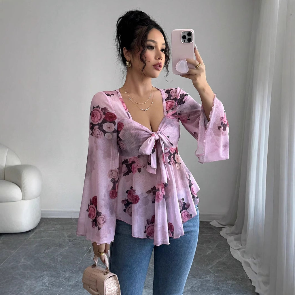 Women's French Sweet Floral Blooming Lace Up Square Collar Long Sleeve Shirt