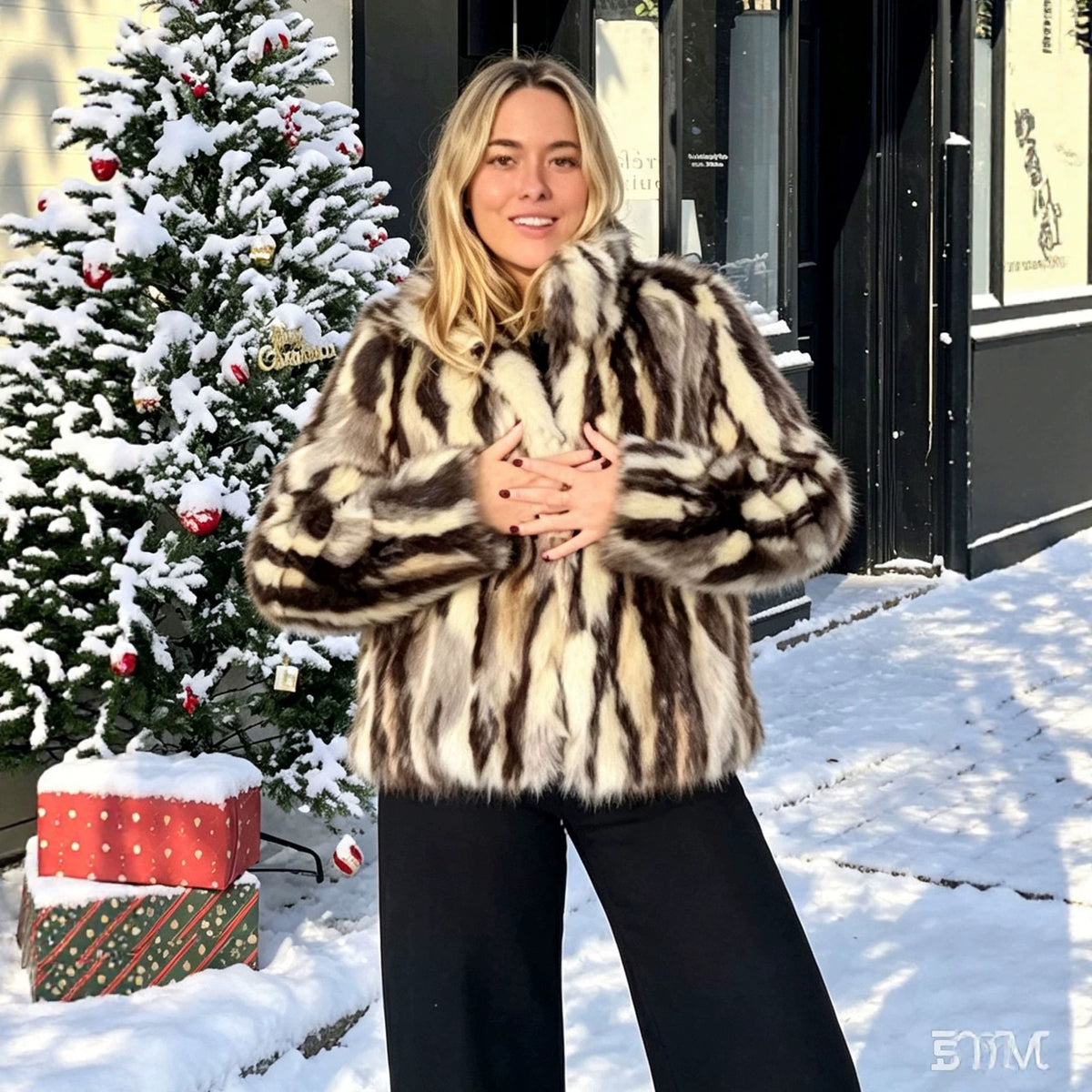 's Artificial Fur Jacket Autumn Winter Black White Top Fuzzy Coats