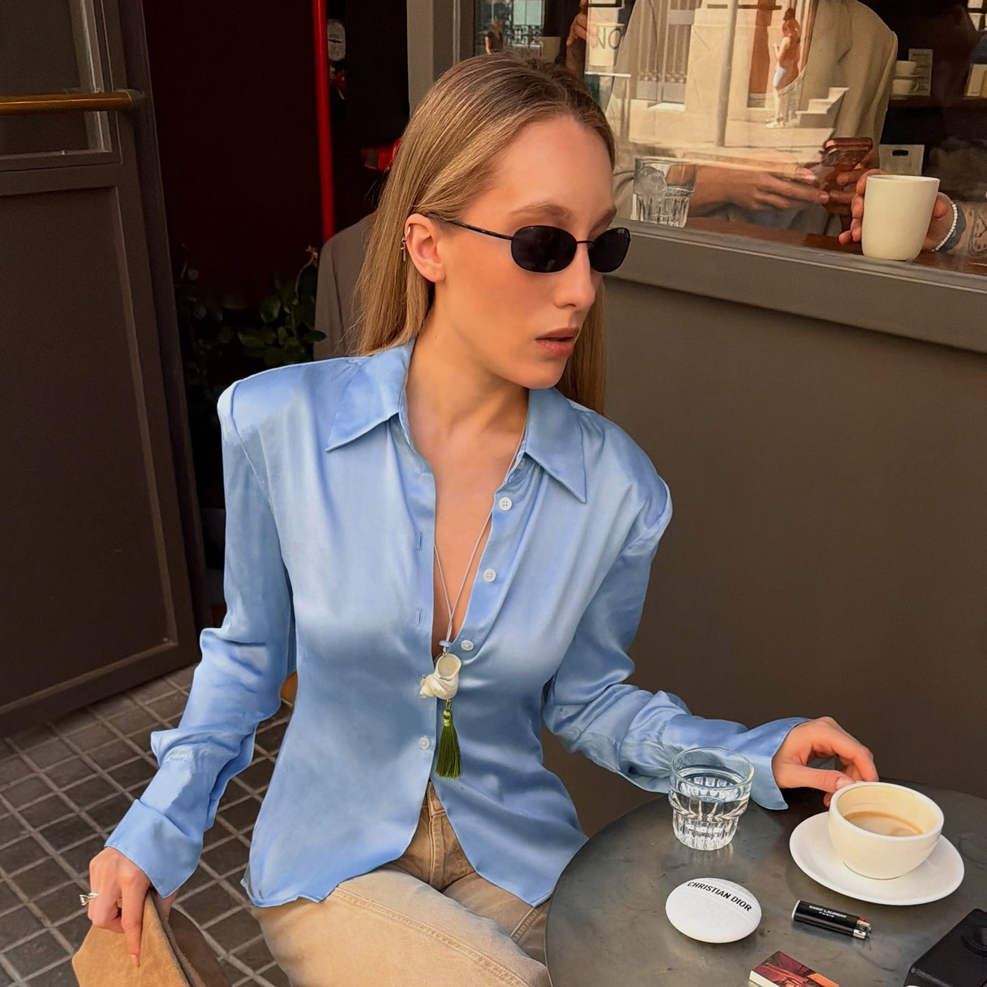 Office Graceful Fashionable Satin Long Sleeve Turn down Collar Blue Top Lightly Mature Elegant Casual Lazy Sense Shirt