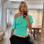 Sexy Waist Split Solid Color Short Sleeve Shoulder T shirt