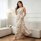 Plus Size Sweet Floral Layers Tiered Dress Halter Neck Backless