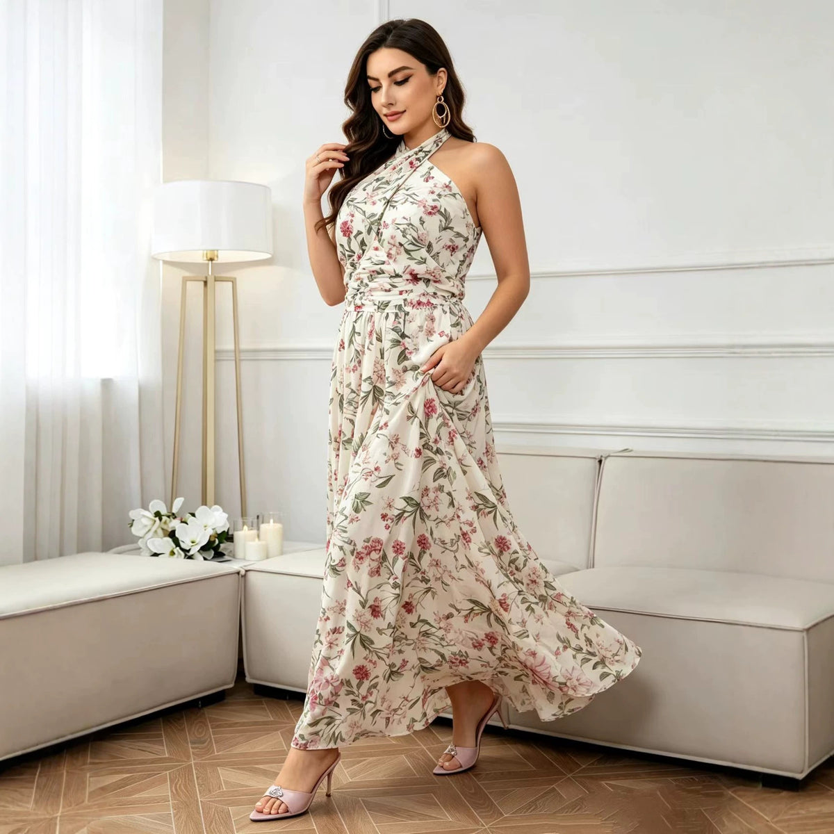 Plus Size Sweet Floral Layers Tiered Dress Halter Neck Backless