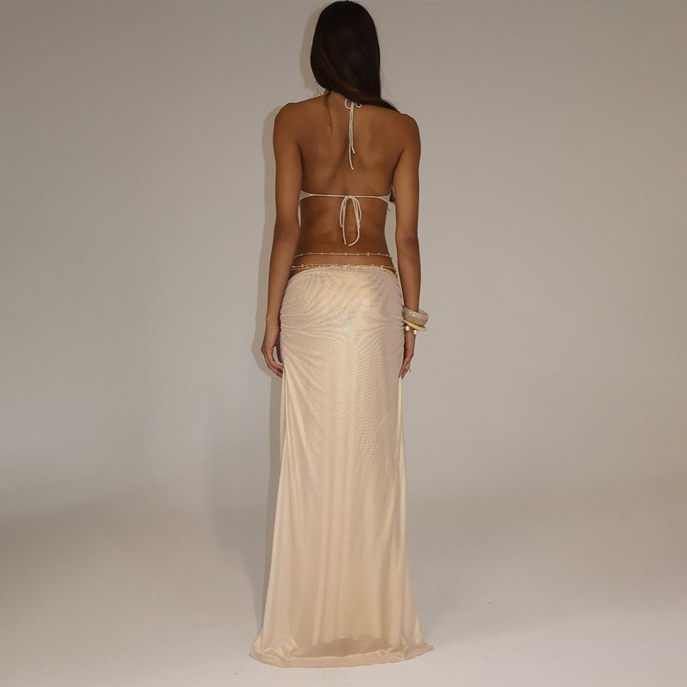 Women's Rhinestone Halter Backless Cutout Maxi Dress