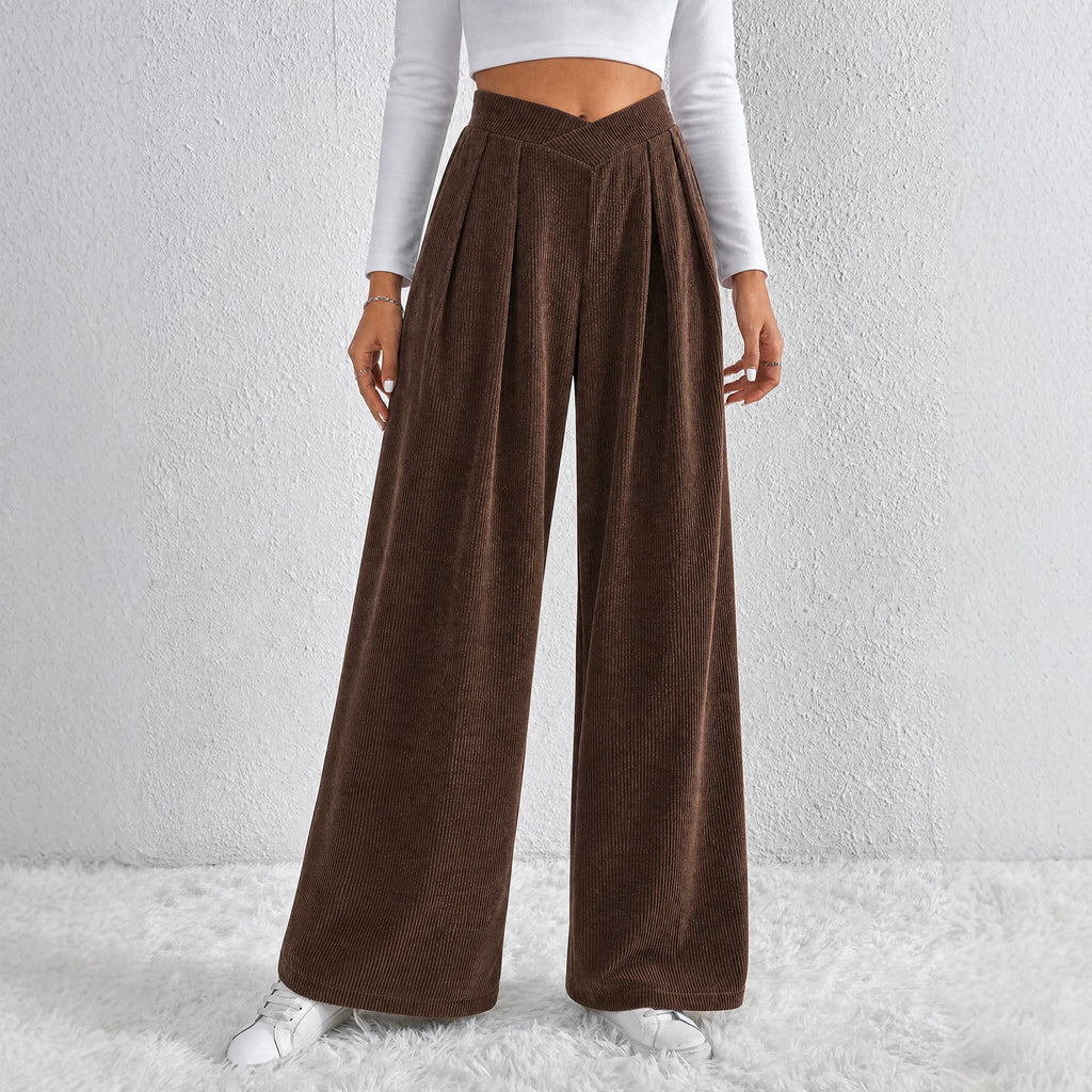 Autumn Winter Retro Coffee Color Wide Leg Pants Women V Shaped Waist Pleated Casual Loose Trousers