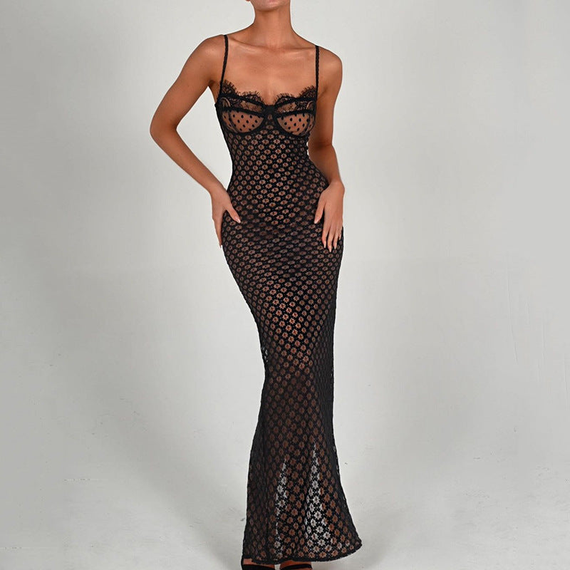 Women's Autumn Sexy Suspender Tight Dress Lace Backless Split Polka Dot Dress
