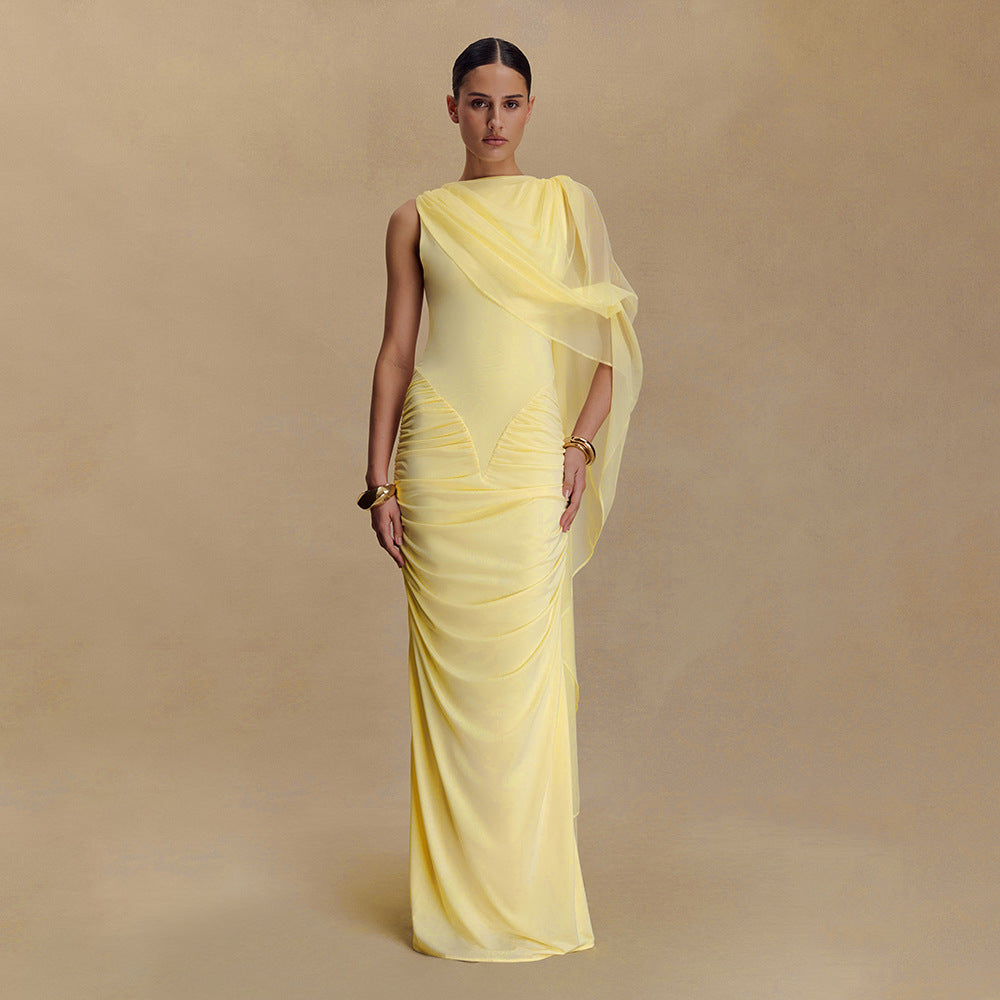 Women's Fashionable Pleated Mesh Shawl Dress Sexy Sheath Round Neck Slim Dress
