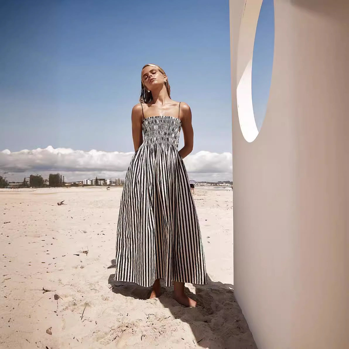 Women's Striped Printed Pocket Sling Dress