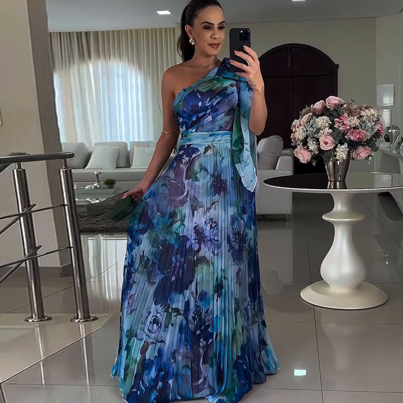 Autumn Popular Elegant Floral Off-Shoulder Folding Elegant Printed Dress