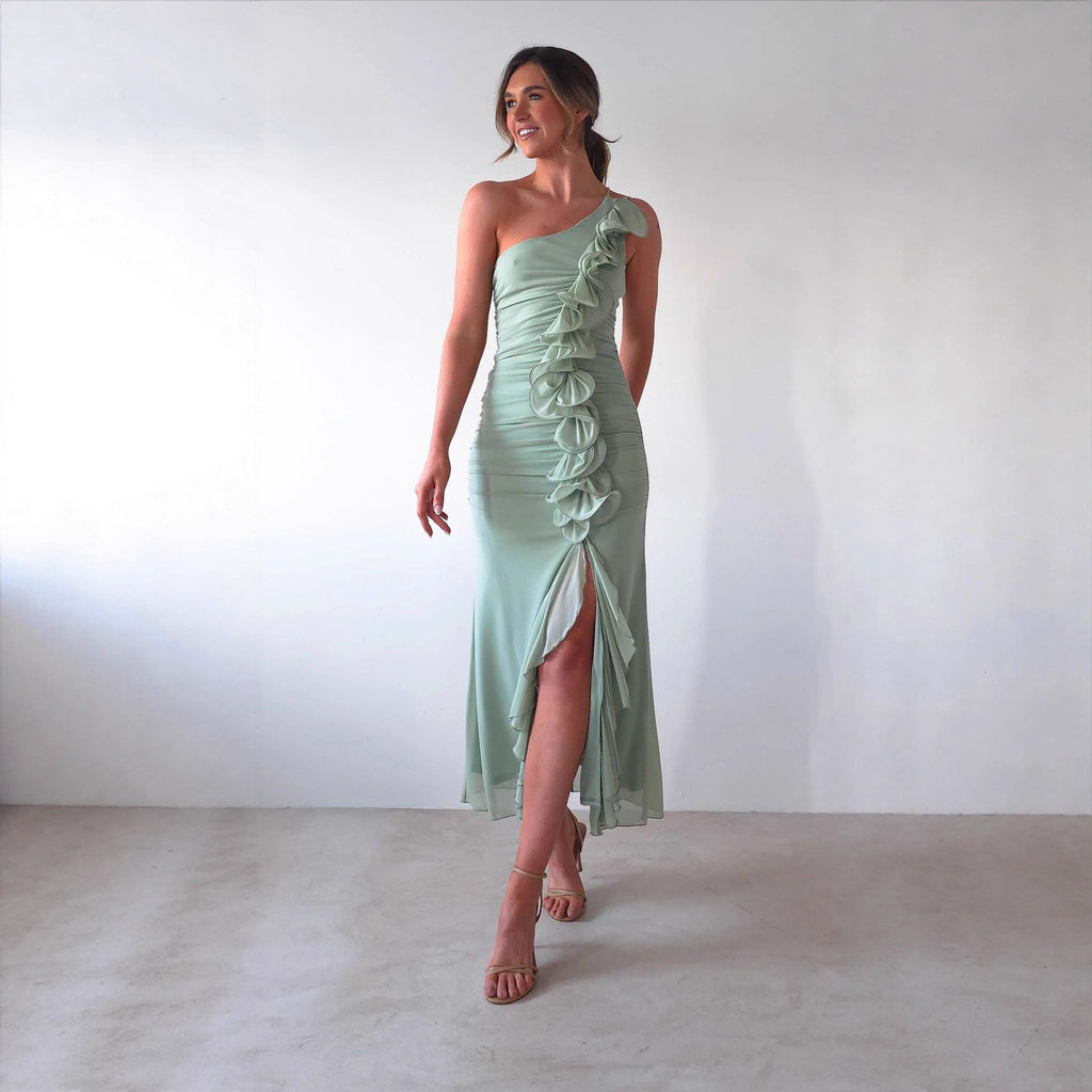 Summer Slant Shoulder Sexy Pleated High Slit Slim Fit Dress