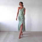 Summer Slant Shoulder Sexy Pleated High Slit Slim Fit Dress