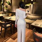 Women's Solid Color Diagonal Collar Long Sleeve Slit Dress