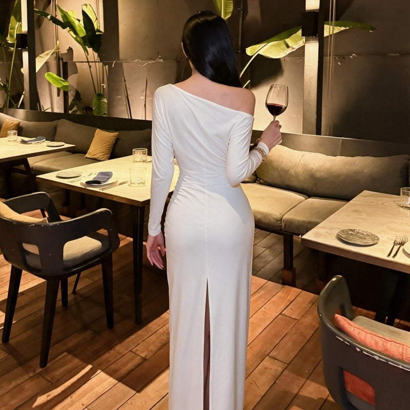 Women's Solid Color Diagonal Collar Long Sleeve Slit Dress