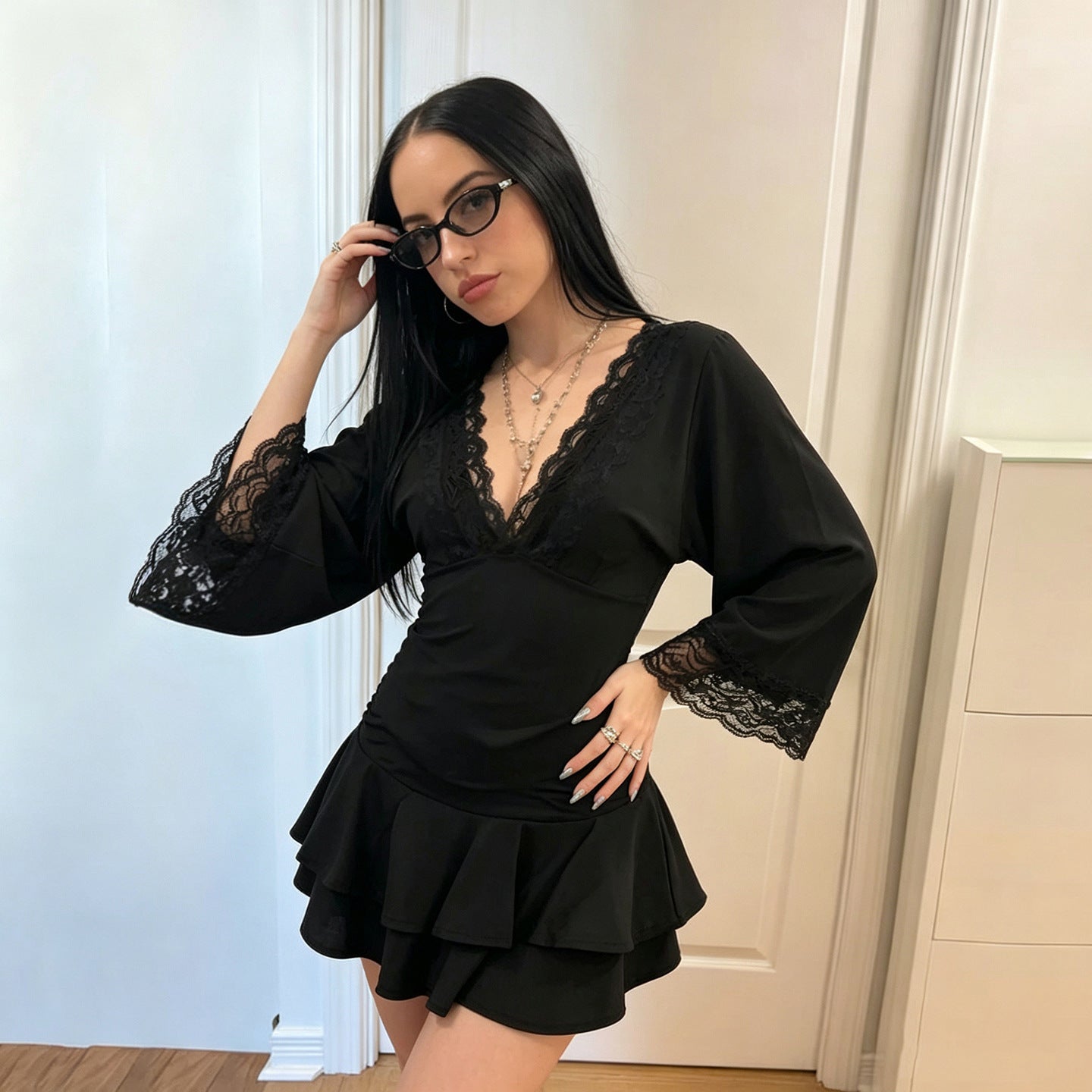 Women's Lace-Trim V-Neck Short Dress