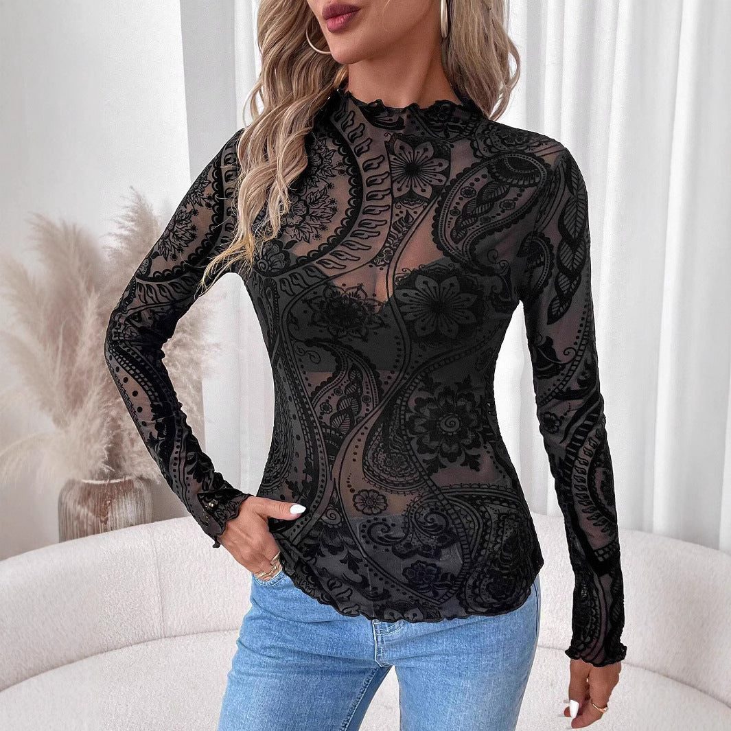 Paisley Flocked Mesh Long-Sleeve Top