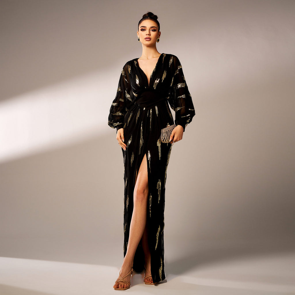 Women's V-Neck Sequin Split Maxi Evening Dress