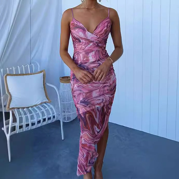 Women's Printed Suspender Midi Dress