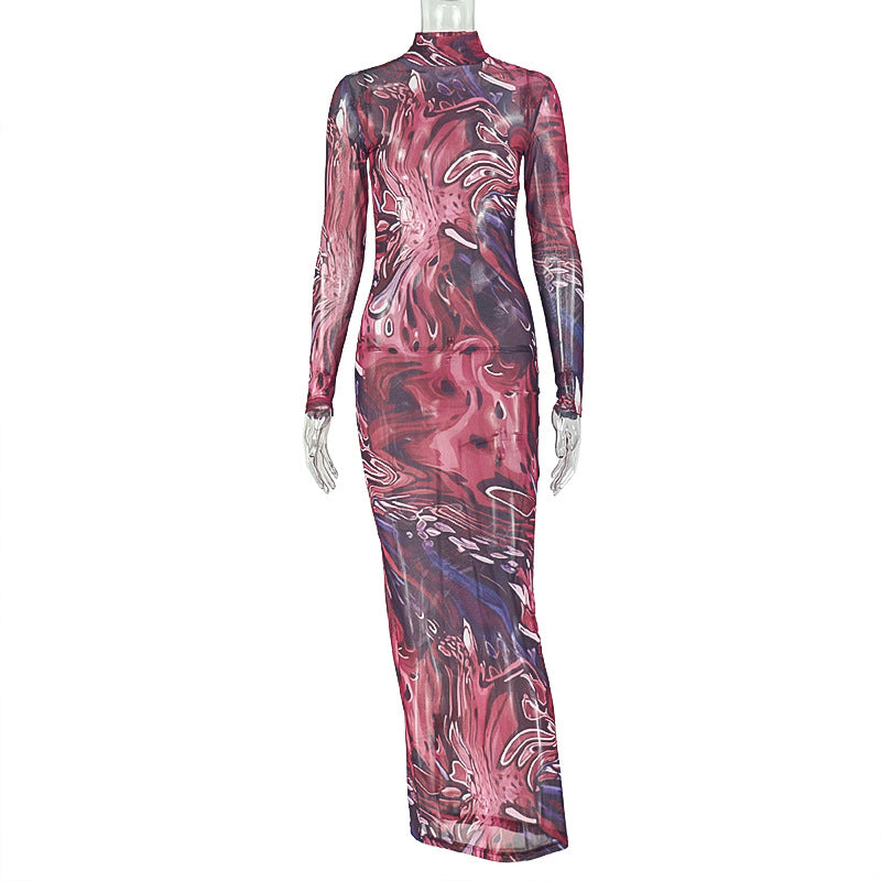 Long sleeve midi dress, fitted silhouette, marbled abstract print in pink and purple