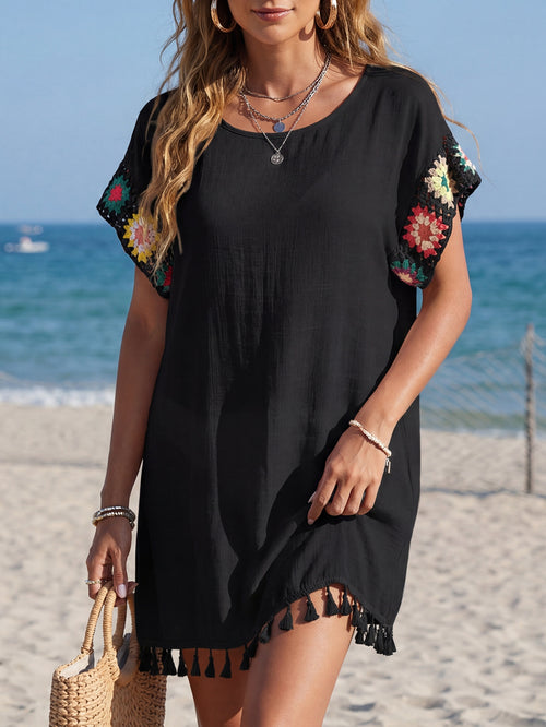 Beach cover bikini swimwear, black loose tunic with floral embroidered sleeves and tassel hem