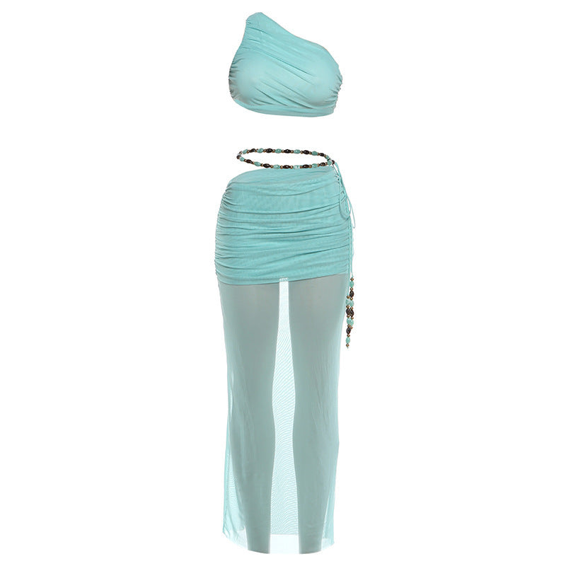Summer Women Sexy Cropped Diagonal Collar Vest Pleated