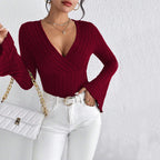 Women's Women V Neck Flared Sleeves Wine Red T Shirt Fall/winter