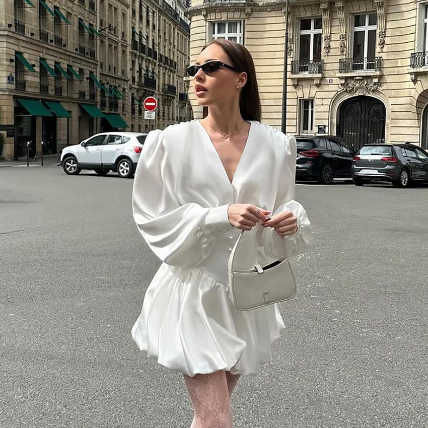 White Satin V-Neck Lantern-Sleeve Dress
