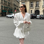 White Satin V-Neck Lantern-Sleeve Dress