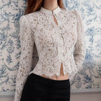 Women's Lace Cutout Stand Collar Puff Sleeve Top