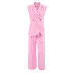 Pink Gentle Sleeveless Collar Loose Fitting Waistcoat High-Waisted Pocket Wide Leg Pants Summer Casual Set