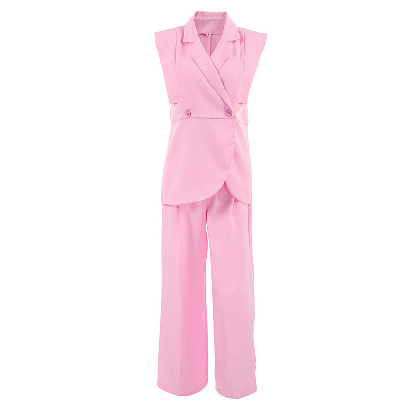 Pink Gentle Sleeveless Collar Loose Fitting Waistcoat High-Waisted Pocket Wide Leg Pants Summer Casual Set