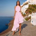 Women's Elegant Simple High Sense Summer Round Neck Sleeveless Cropped Outfit Three Dimensional Floral Irregular Asymmetric Dress