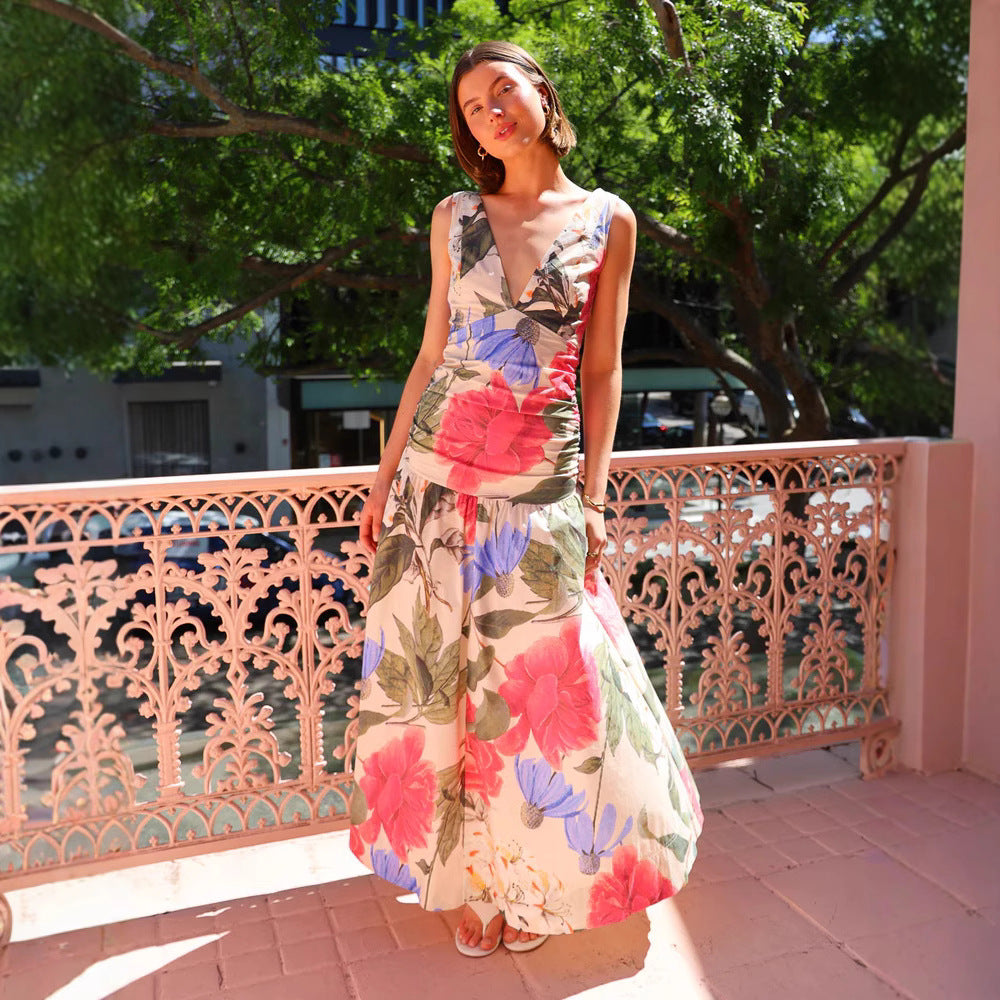 Women's Printed Strap Dress V neck Dress