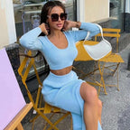 Autumn Winter Solid Color Long-Sleeve Split Maxi Dress Sweater Two-Piece Set
