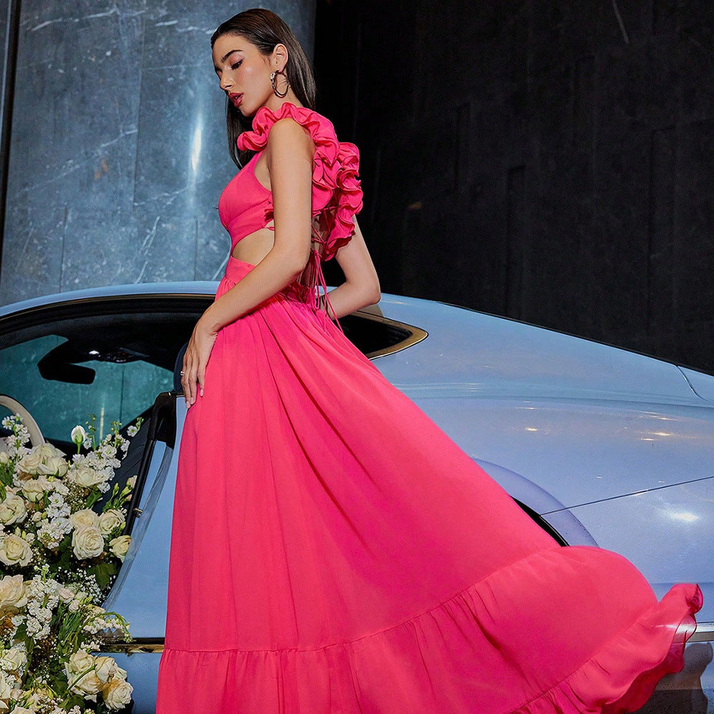 Women's V-Neck Lace-Up Ruffle Cutout Backless Bodycon Maxi Dress
