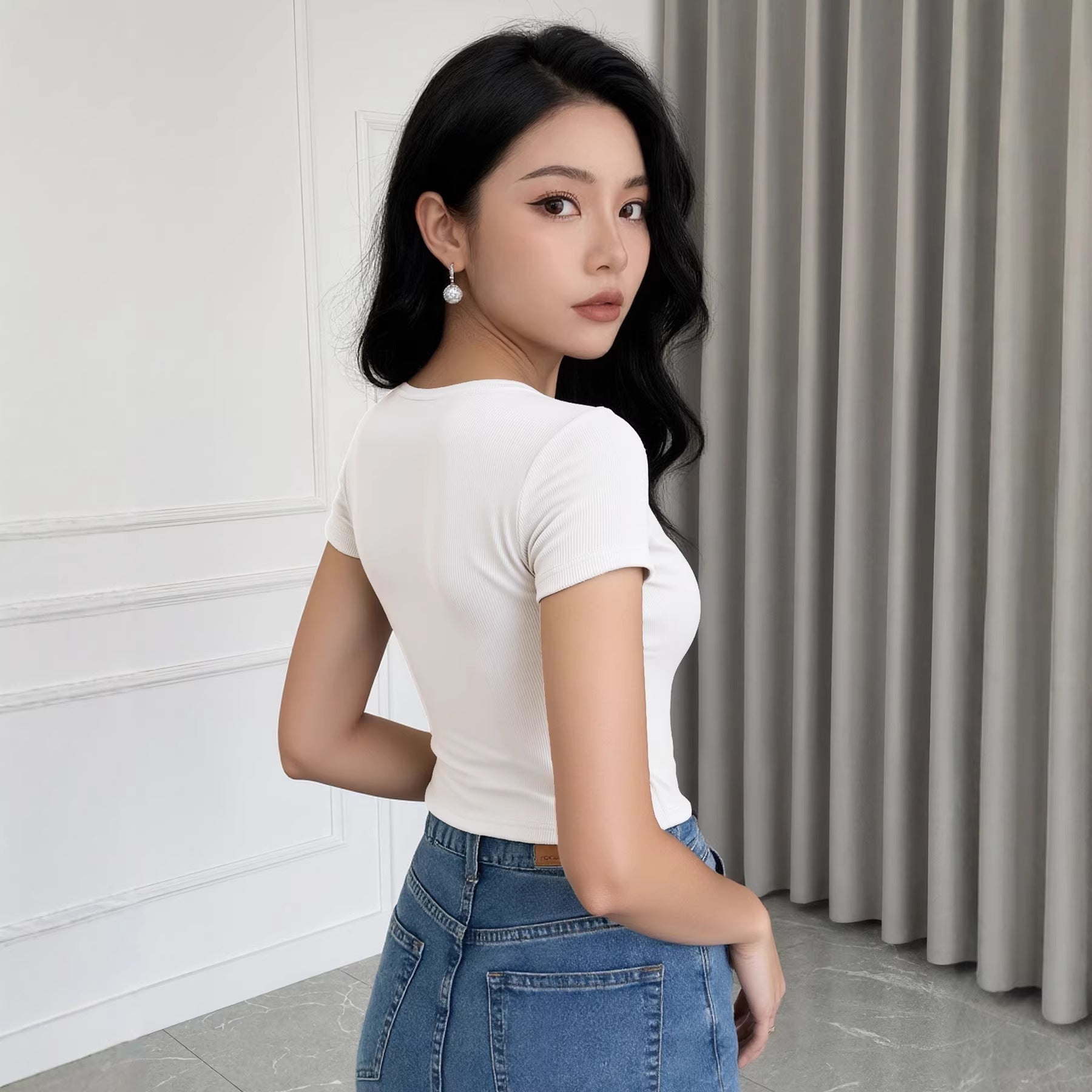 Sexy Skinny Short Lace Square Collar Top Niche Short Sleeve