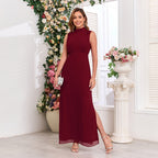 Women's Spring Summer Stand Collar Sleeveless Elegant Chiffon Evening Dress Back Zipper Double Slit Large A Swing Full Slip Dress