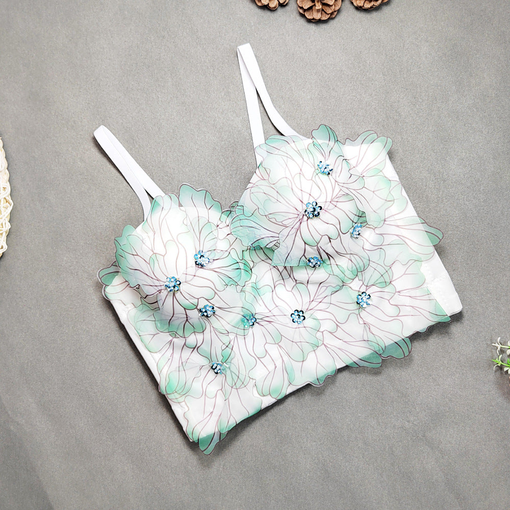Women’s Floral Embroidered Sequin Sweetheart Crop Top