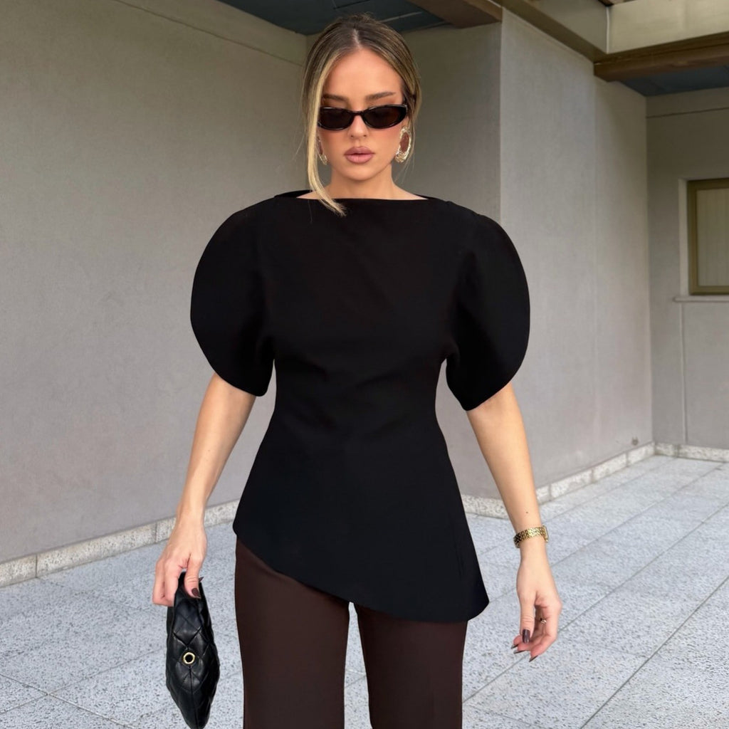 Niche Design Black Short Sleeve Wide Waist Slimming Shirt