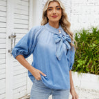 Lace-Up Denim Bow Shirt