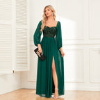 Off-Shoulder Sequin Long Sleeve Slit Maxi Dress