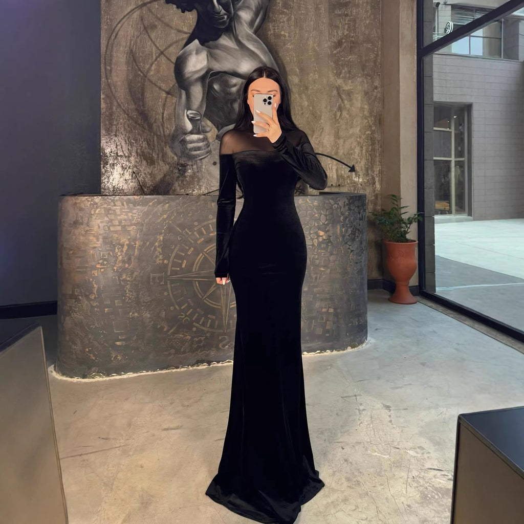 Women's Velvet Lace-Panel Long Sleeve Maxi Dress
